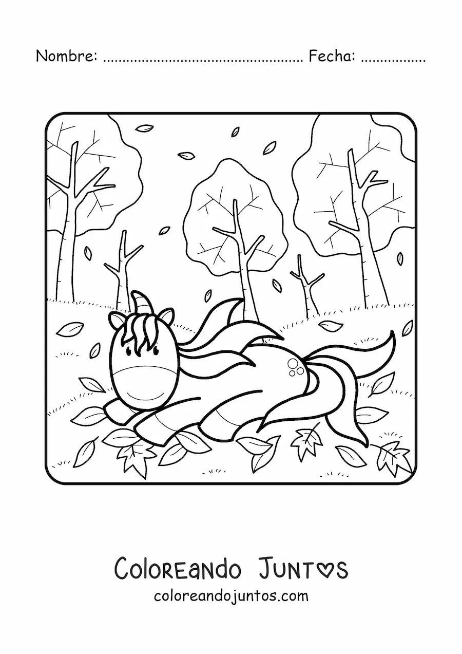 Imagen para colorear de un unicornio entre varias hojas secas caídas