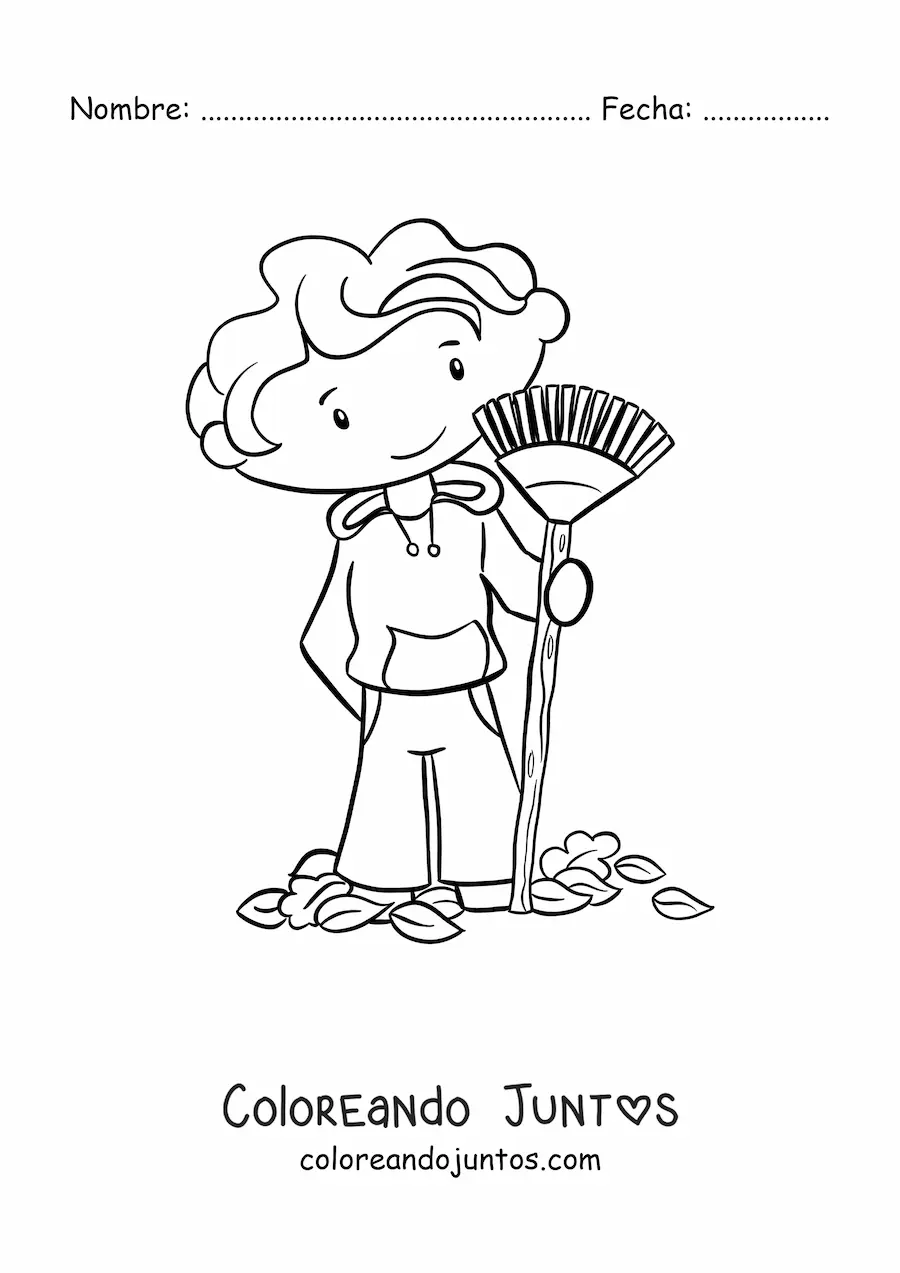 Imagen para colorear de un niño barriendo hojas secas