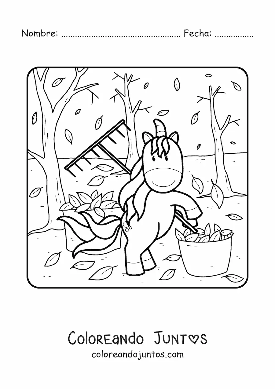 Imagen para colorear de un unicornio y varias hojas de otoño