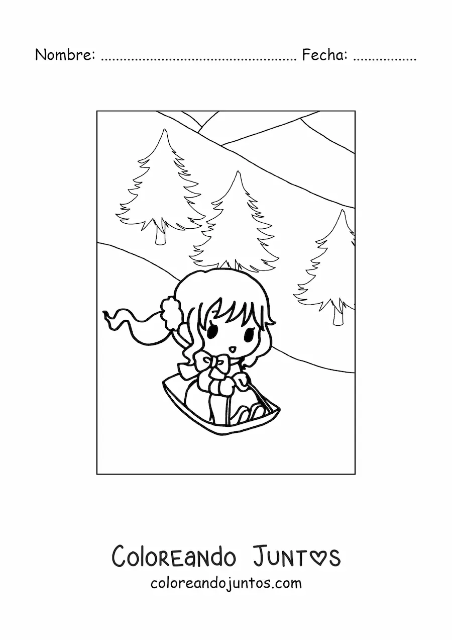 Imagen para colorear de una niña kawaii con un trineo