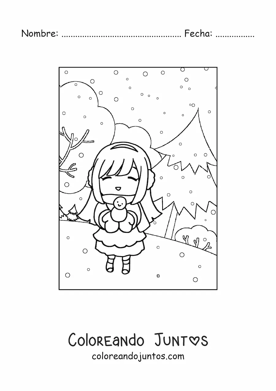 Imagen para colorear de una niña en un bosque de invierno