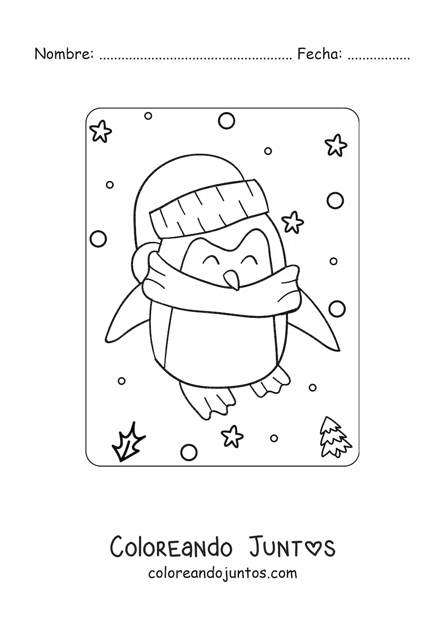 Imagen para colorear de un pingüino kawaii con una bufanda