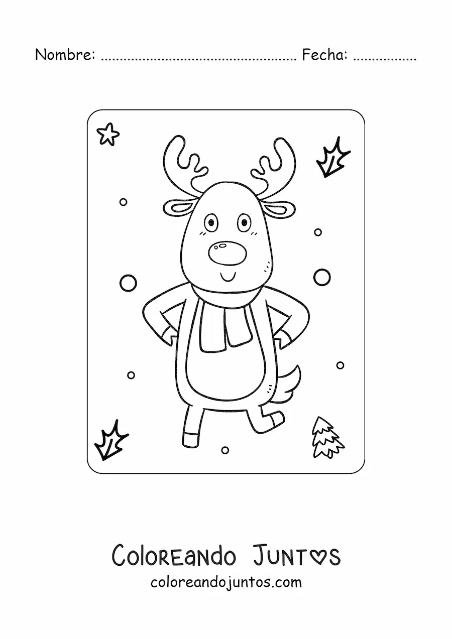 Imagen para colorear de un reno animado con una bufanda de invierno