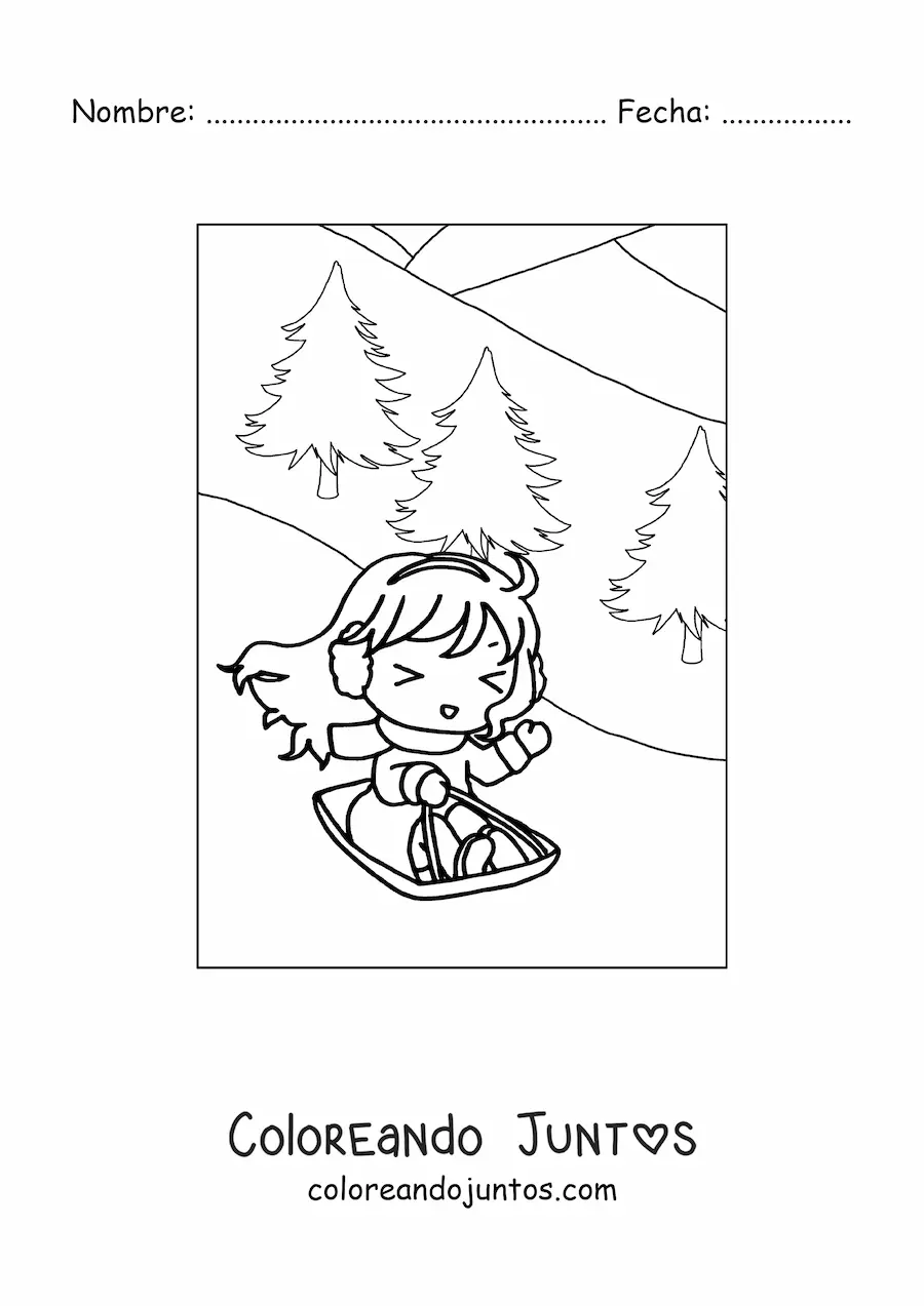 Imagen para colorear de una niña feliz en un trineo