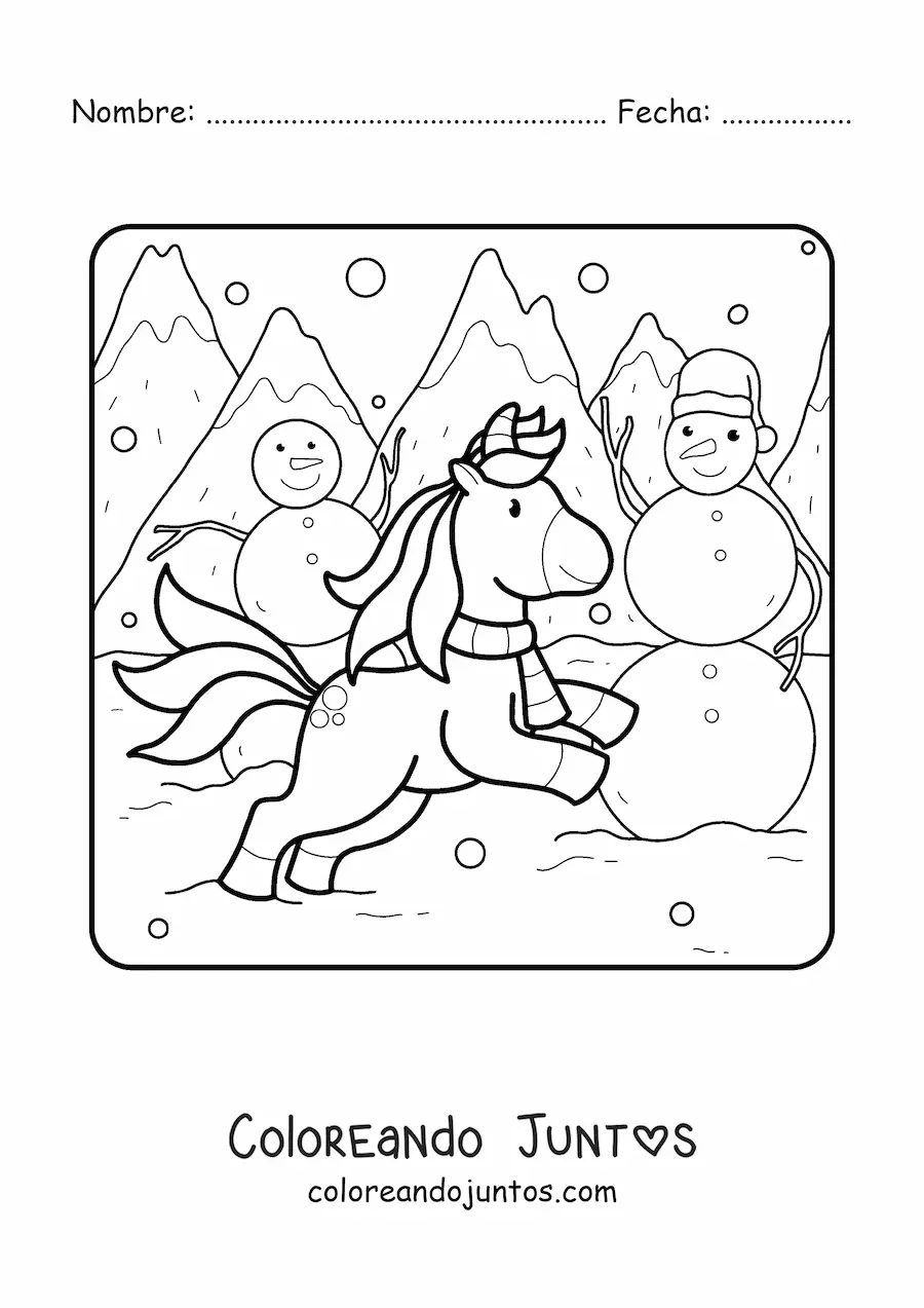 Imagen para colorear de un unicornio junto a varios muñecos de nieve