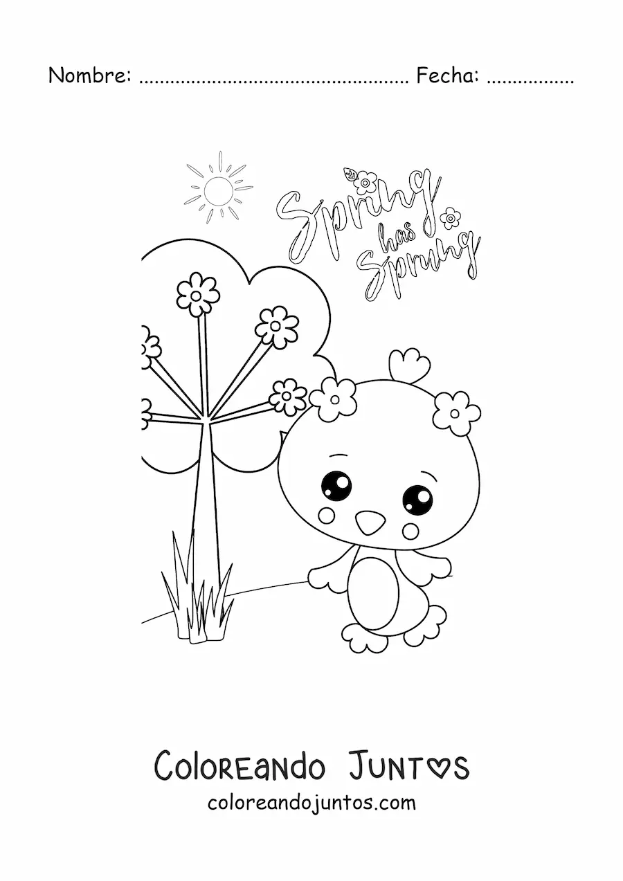 Imagen para colorear de un pollito kawaii junto a la palabra spring