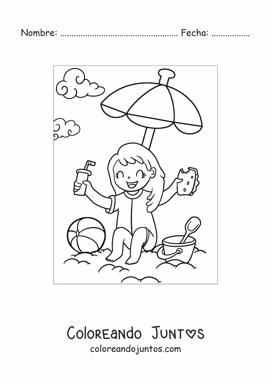 Imagen para colorear de una niña en la playa con una merienda y juguetes