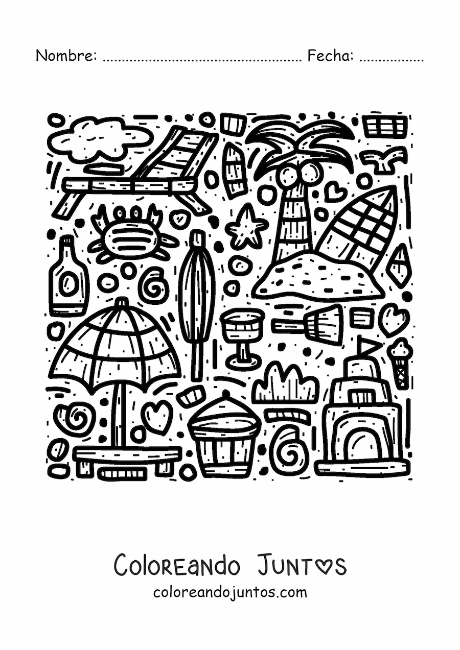 Imagen para colorear de juguetes accesorios plantas animales y utensilios para la playa