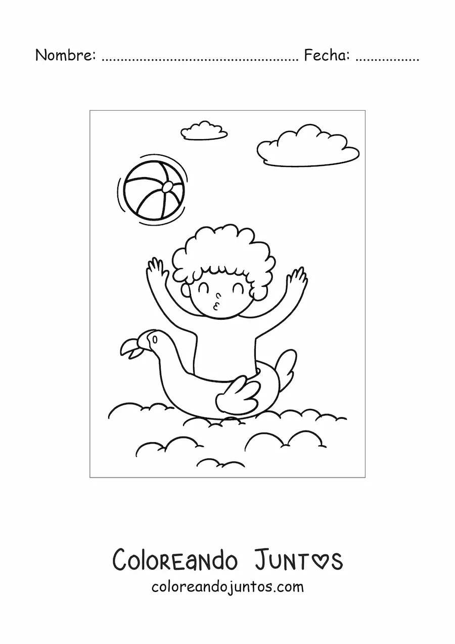 Imagen para colorear de un niño feliz jugando con una pelota en el mar