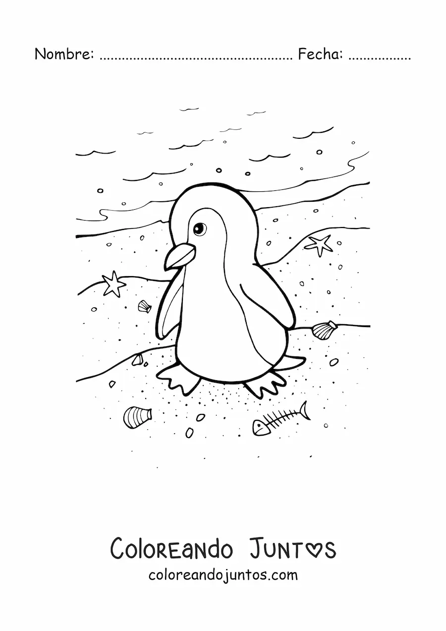 Imagen para colorear de un pingüino en la orilla de la playa