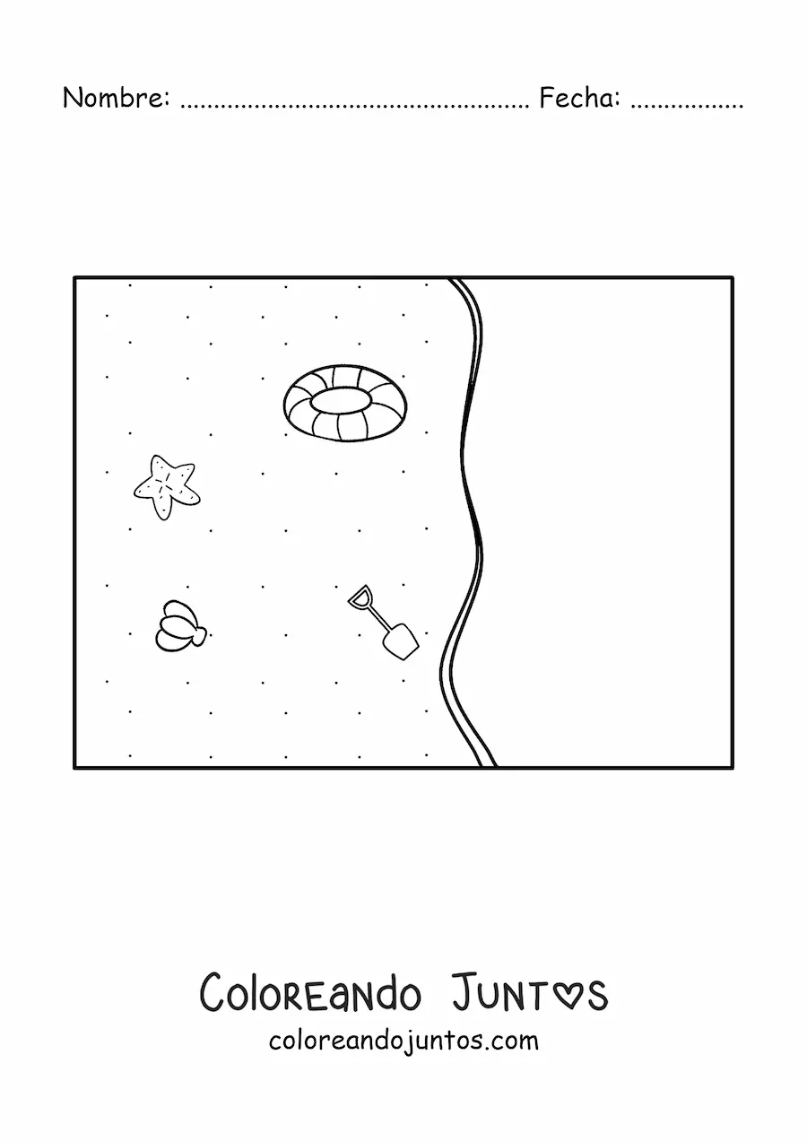 Imagen para colorear de varios juguetes de playa en la arena
