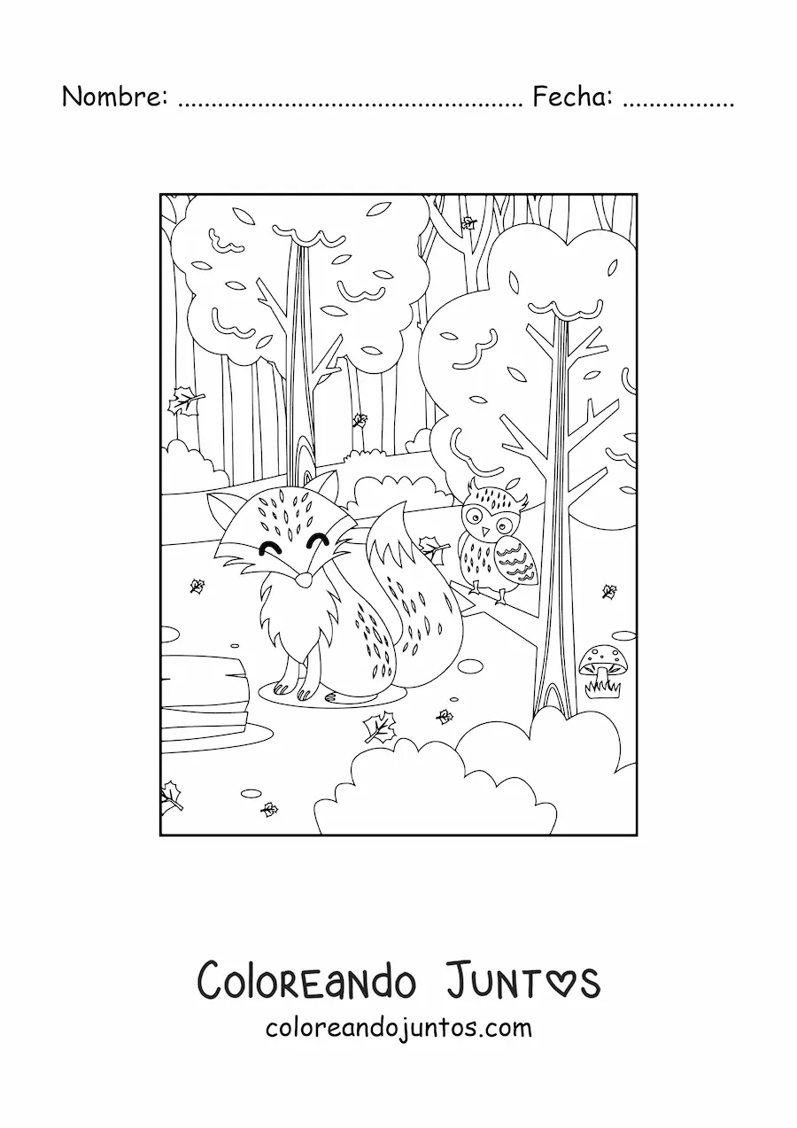 Imagen para colorear de un zorro junto a un búho kawaii en el bosque