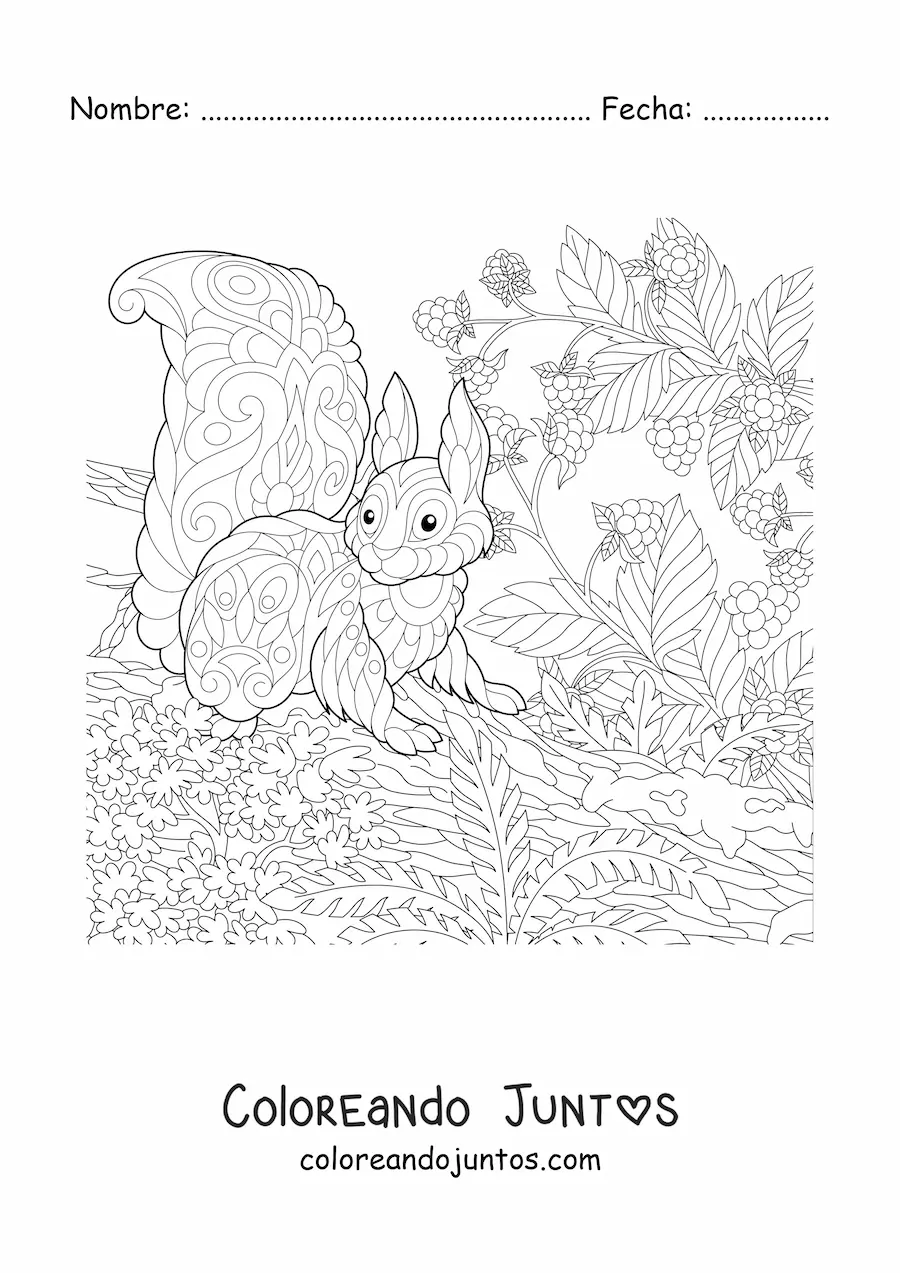 Imagen para colorear de una ardilla del bosque estilo mandala