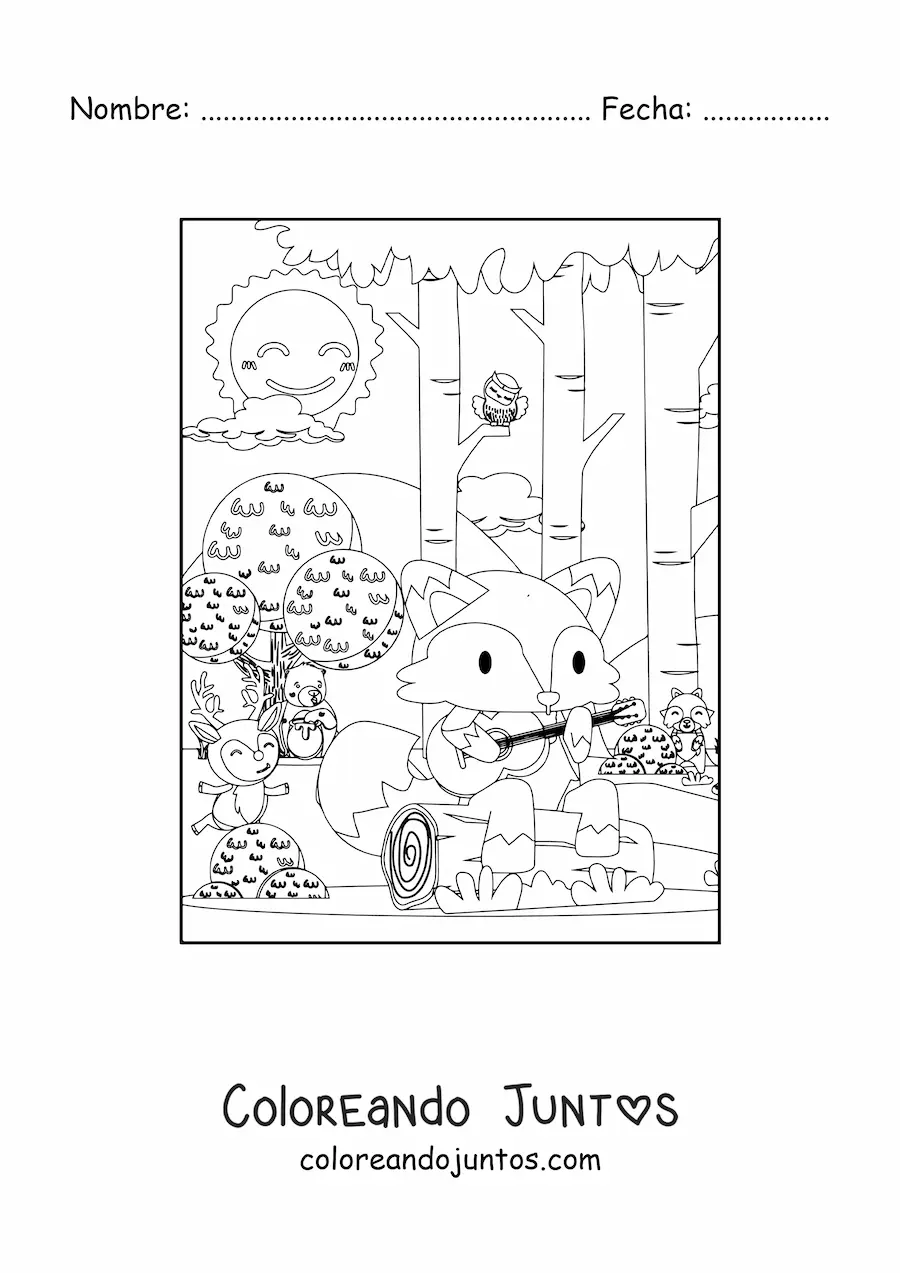 Imagen para colorear de un zorro kawaii en el bosque