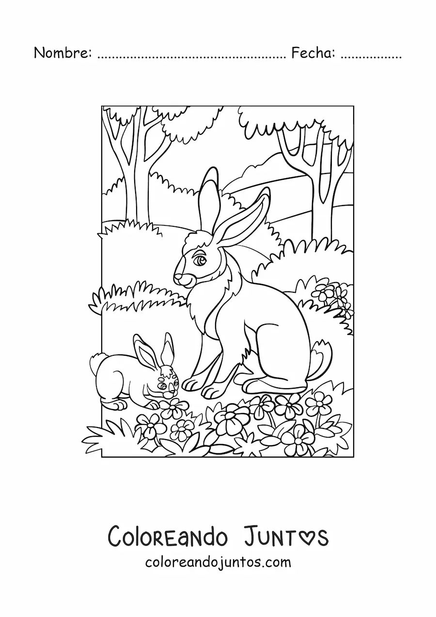 Imagen para colorear de dos conejos en el bosque