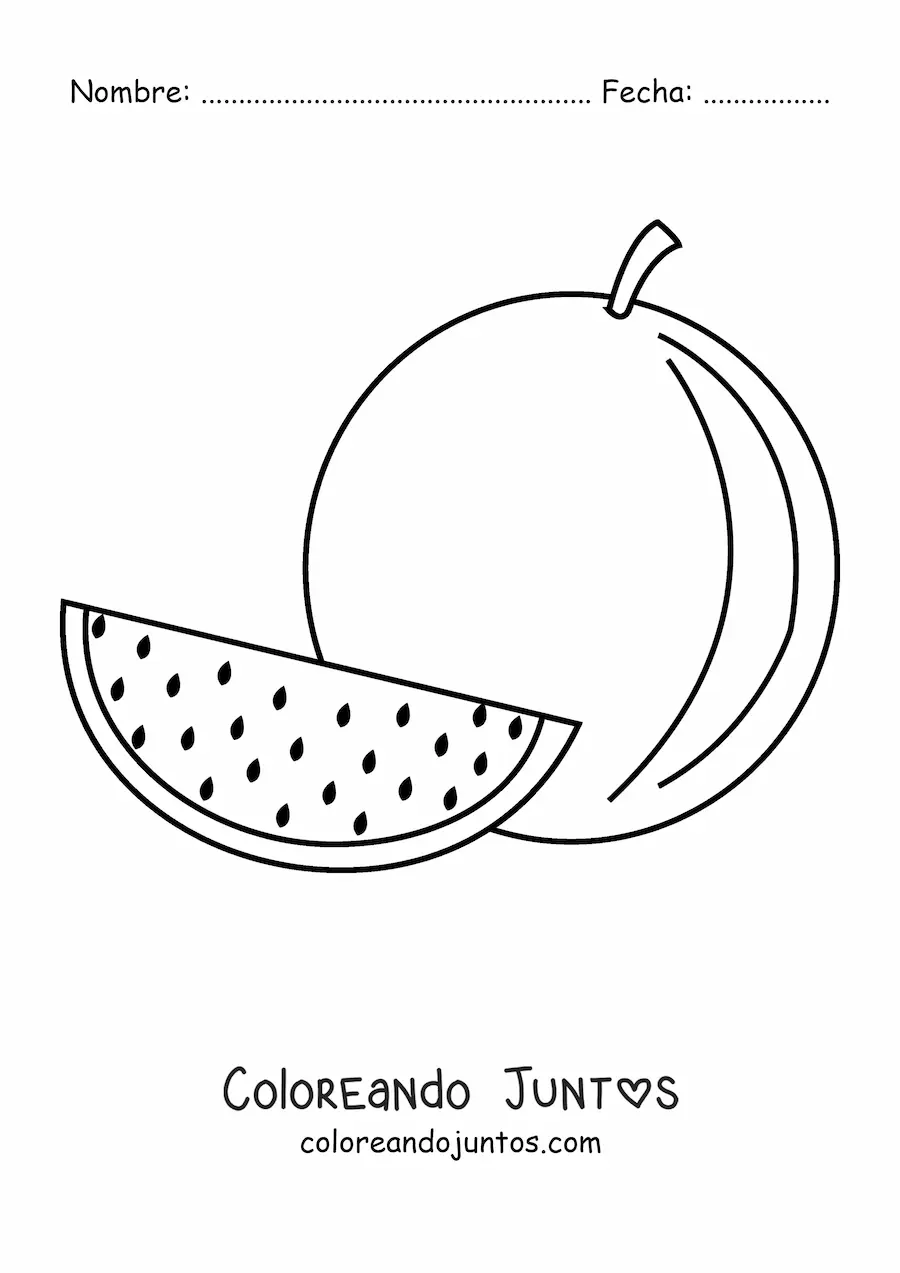 Imagen para colorear de un trozo de sandía junto a una sandía entera