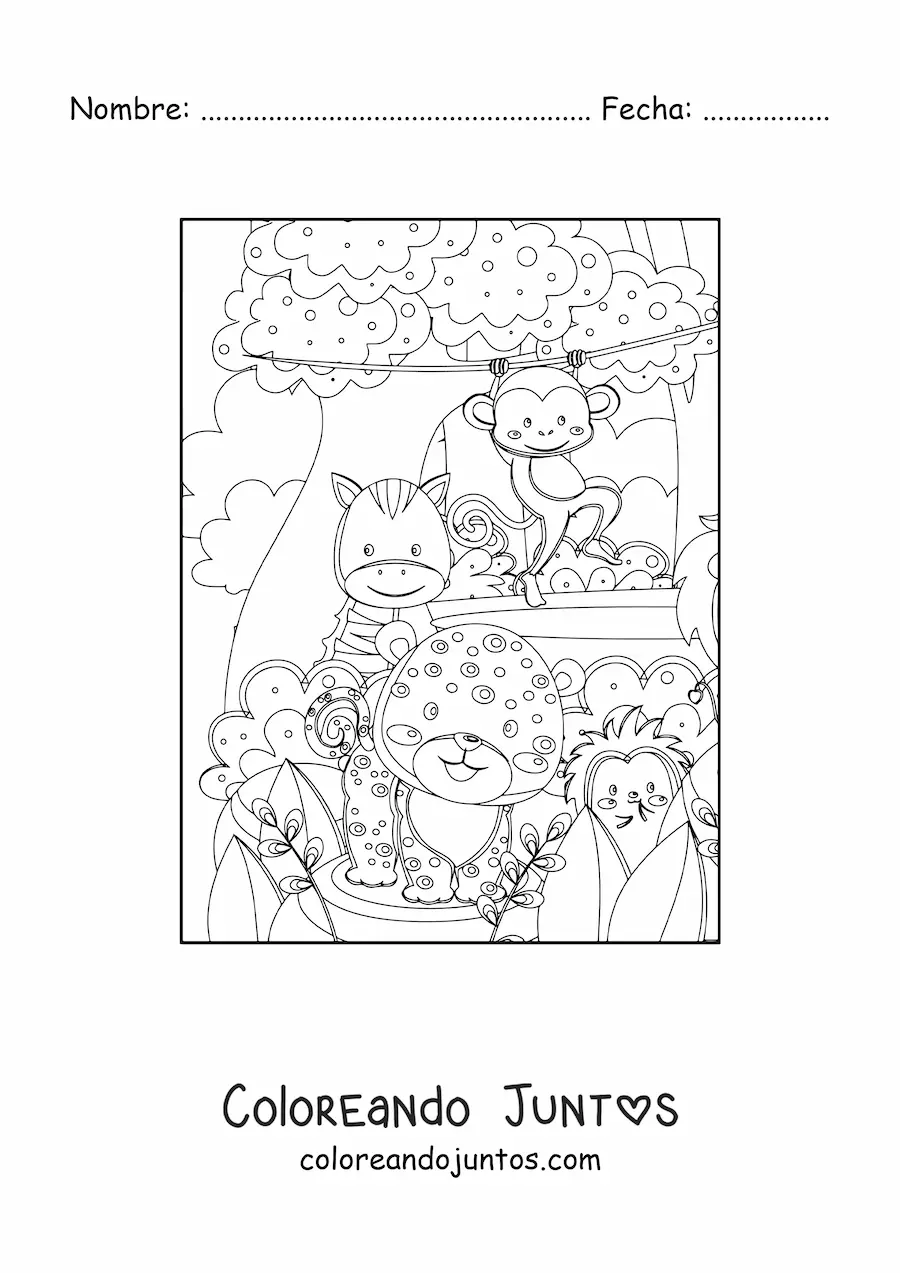 Imagen para colorear de varios animales de la selva kawaii