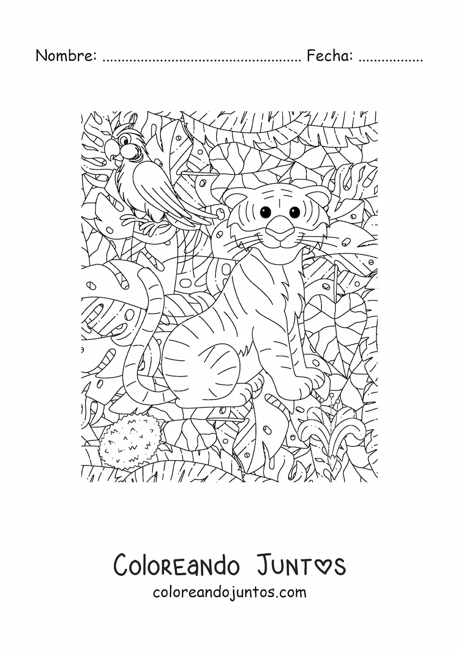 Imagen para colorear de un cachorro de tigre en la selva