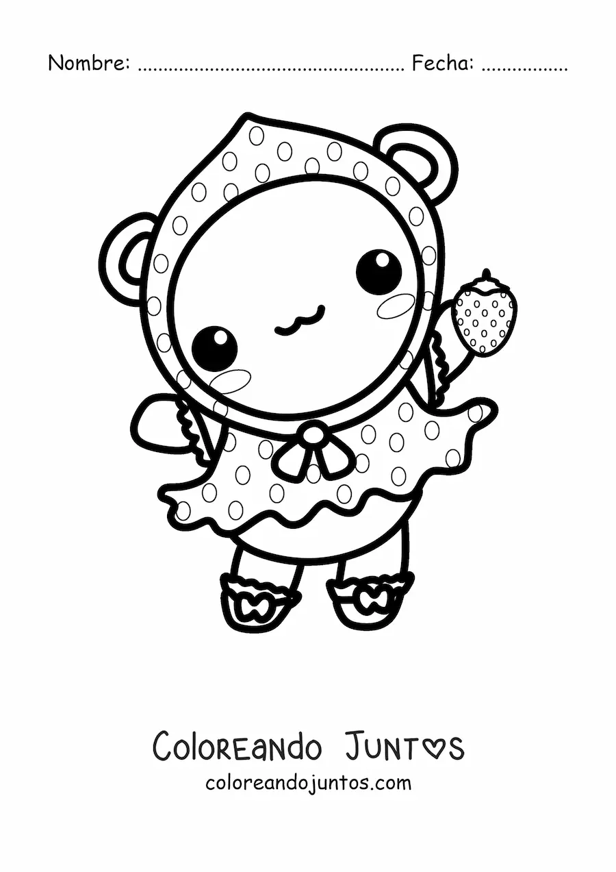 Imagen para colorear de una osita animada kawaii disfrazada de fresa