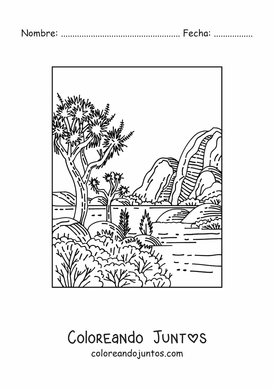 Imagen para colorear de un paisaje con vegetación del desierto