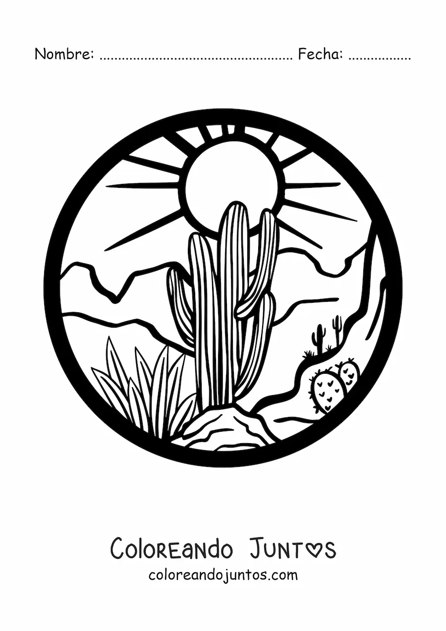 Imagen para colorear de un paisaje con plantas del desierto