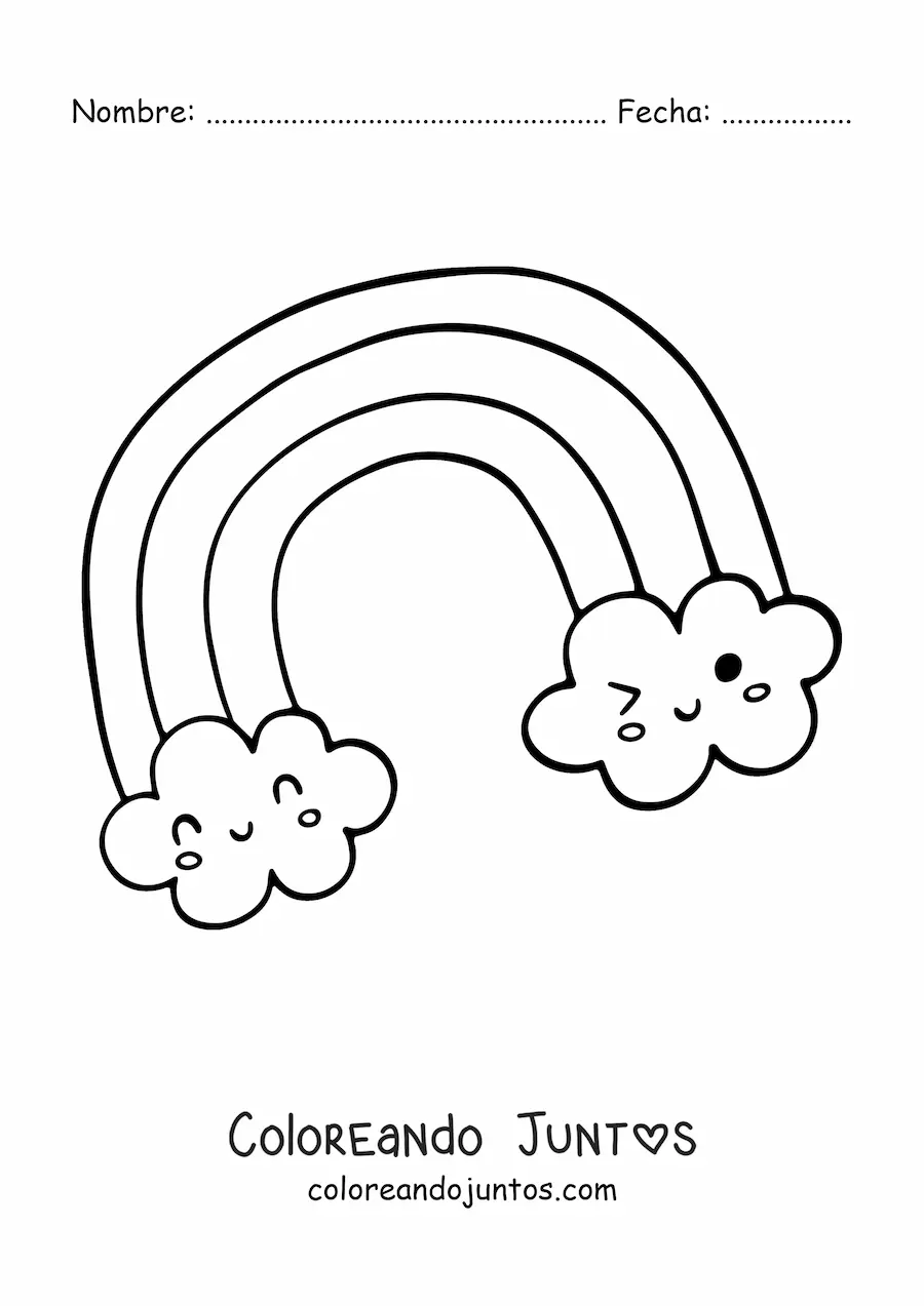 Imagen para colorear de un arcoíris kawaii con nubes animadas