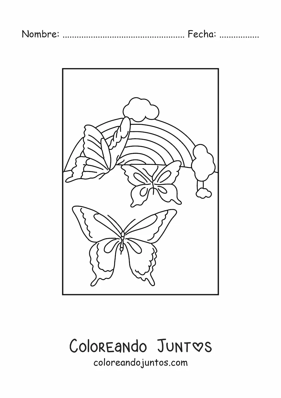 Imagen para colorear de un arcoíris con 3 mariposas grandes y nubes
