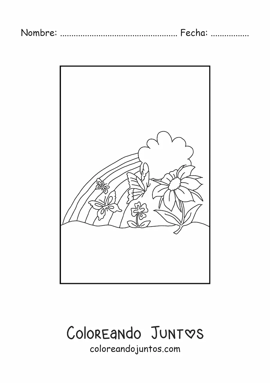 Imagen para colorear de un arcoíris con 2 flores, 3 mariposas pequeñas y una nube