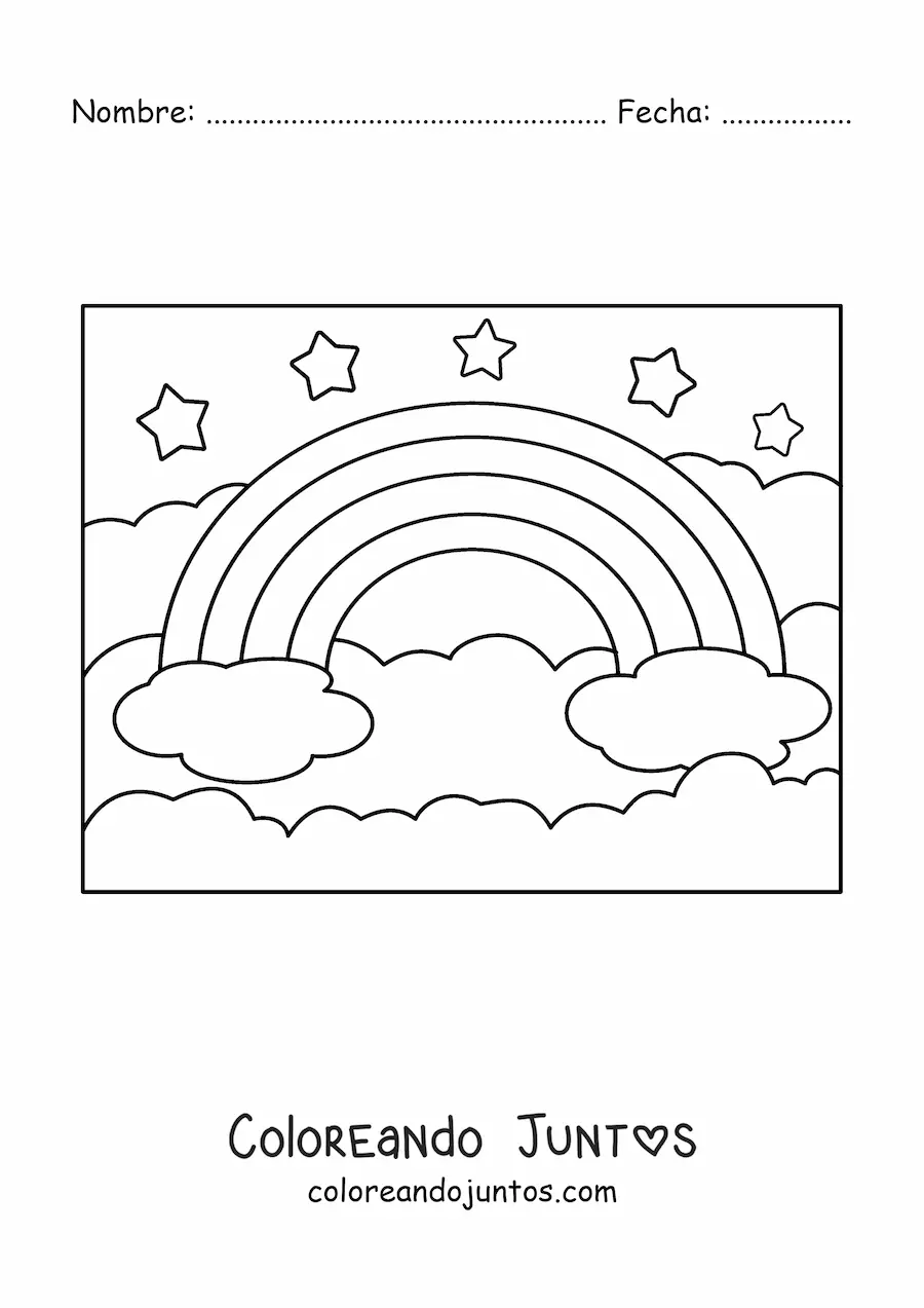Imagen para colorear de un arcoíris grande con nubes y estrellas