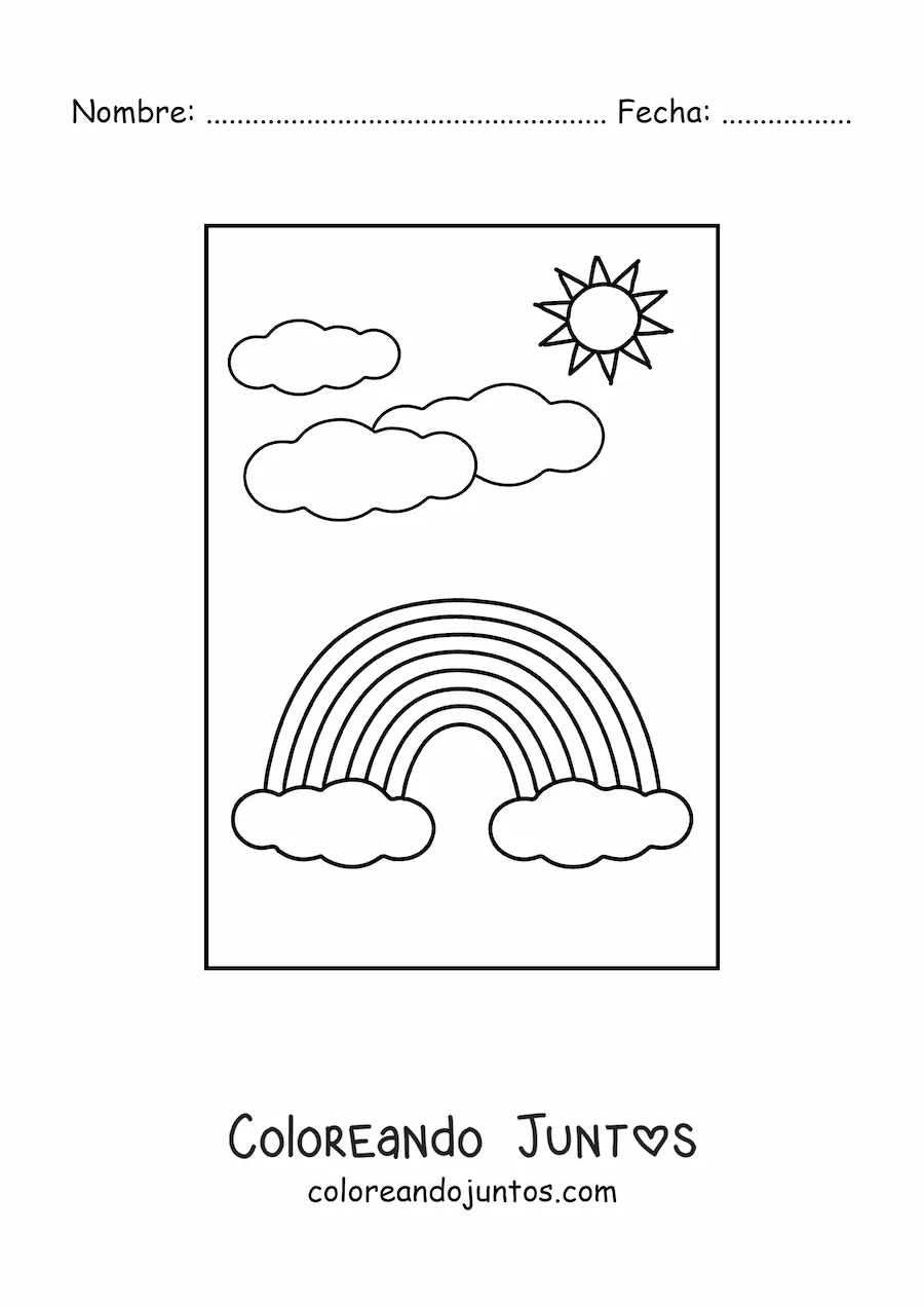Imagen para colorear de un arcoíris bonito con fondo de nubes y Sol