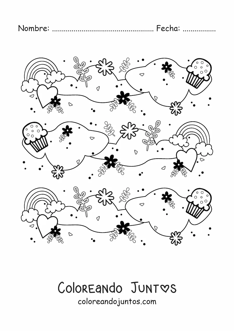 Imagen para colorear de patrón de aircoíris lindos con nubes, cupcakes, corazones, flores y hojas