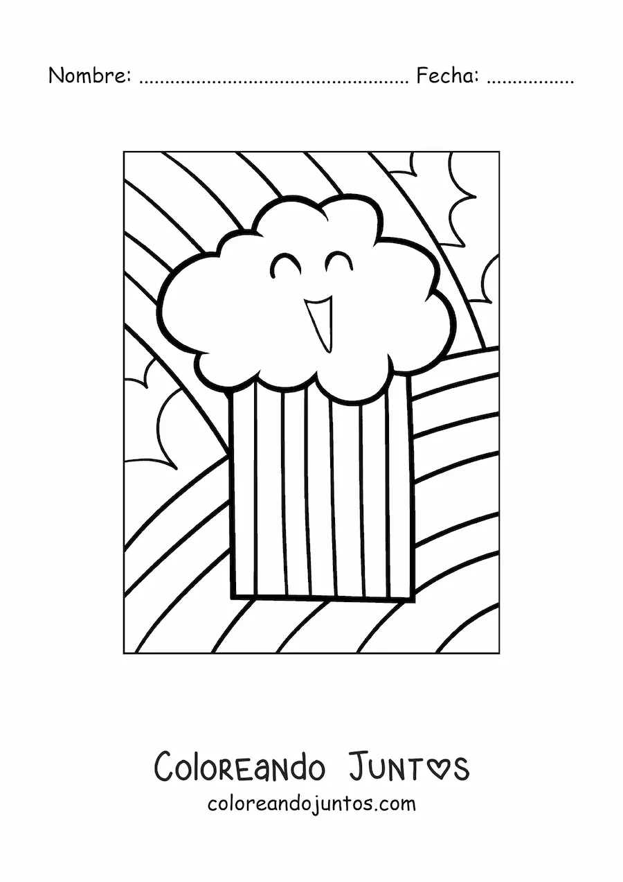 Imagen para colorear de nube bonita animada sonriendo con arcoíris al fondo