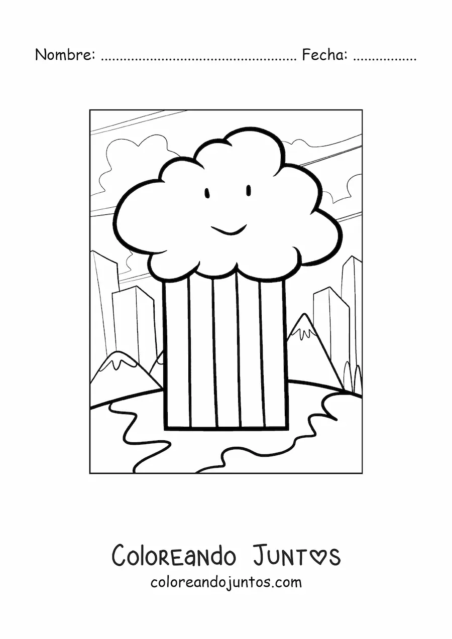 Imagen para colorear de nube animada con arcoíris, montañas y una ciudad al fondo