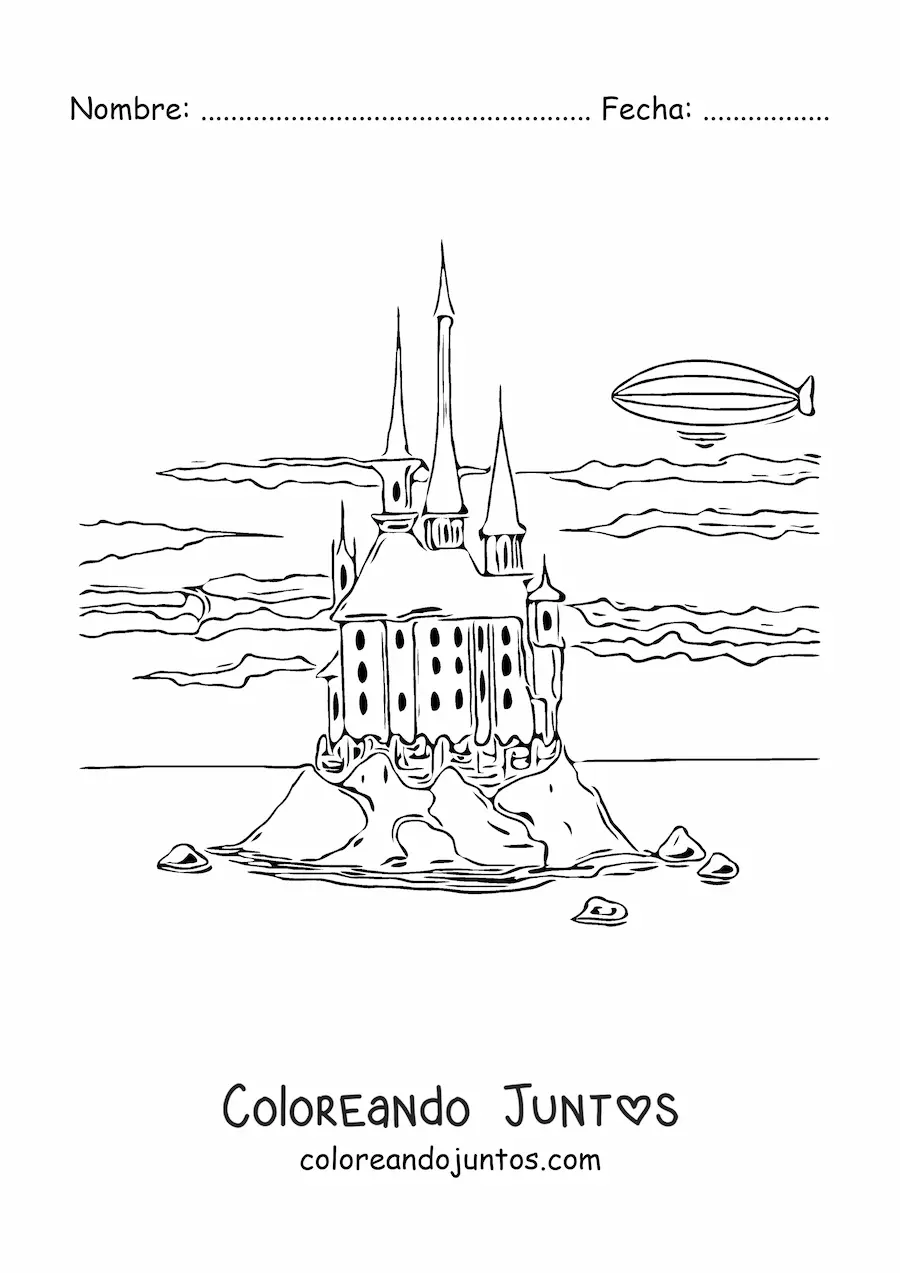 Imagen para colorear de castillo en una isla con nubes realistas en el cielo y un dirigible al fondo