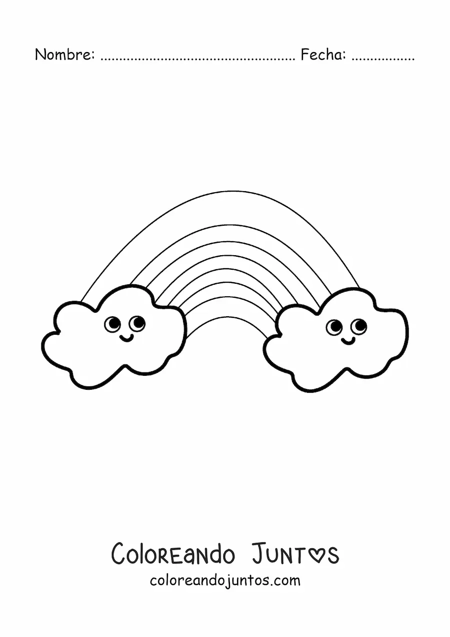Imagen para colorear de nubes animadas sonrientes con arcoíris