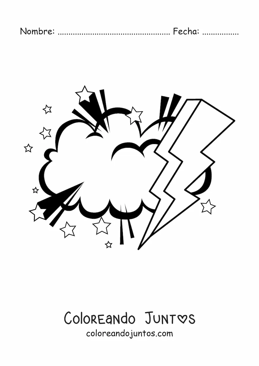 Imagen para colorear de nube con rayo grande y estrellas