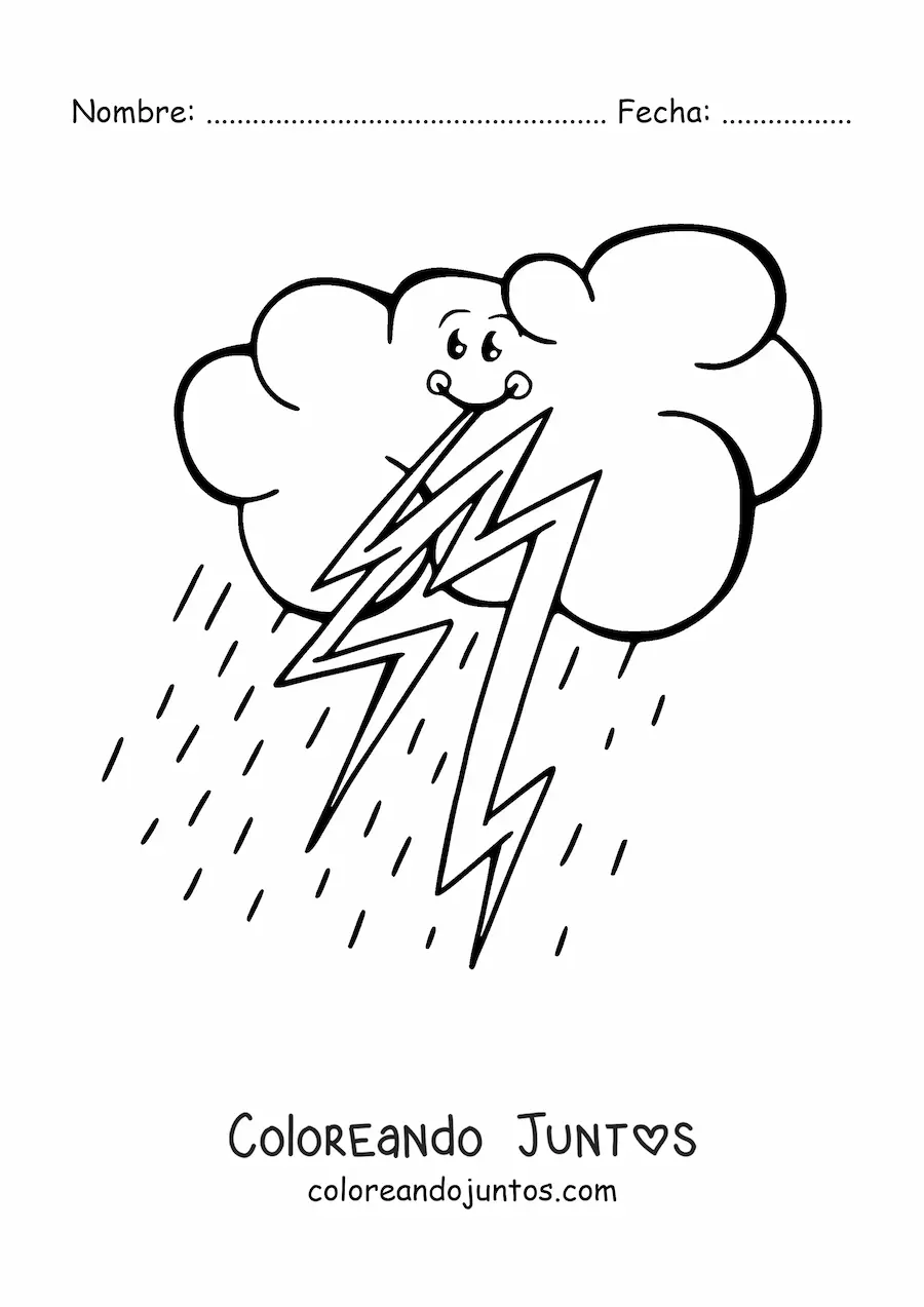 Imagen para colorear de nube kawaii animada con rayos