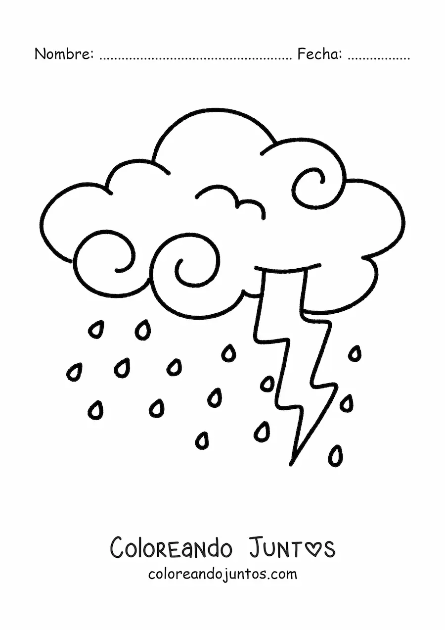 Imagen para colorear de nube con lluvia y rayo en tormenta con relámpagos