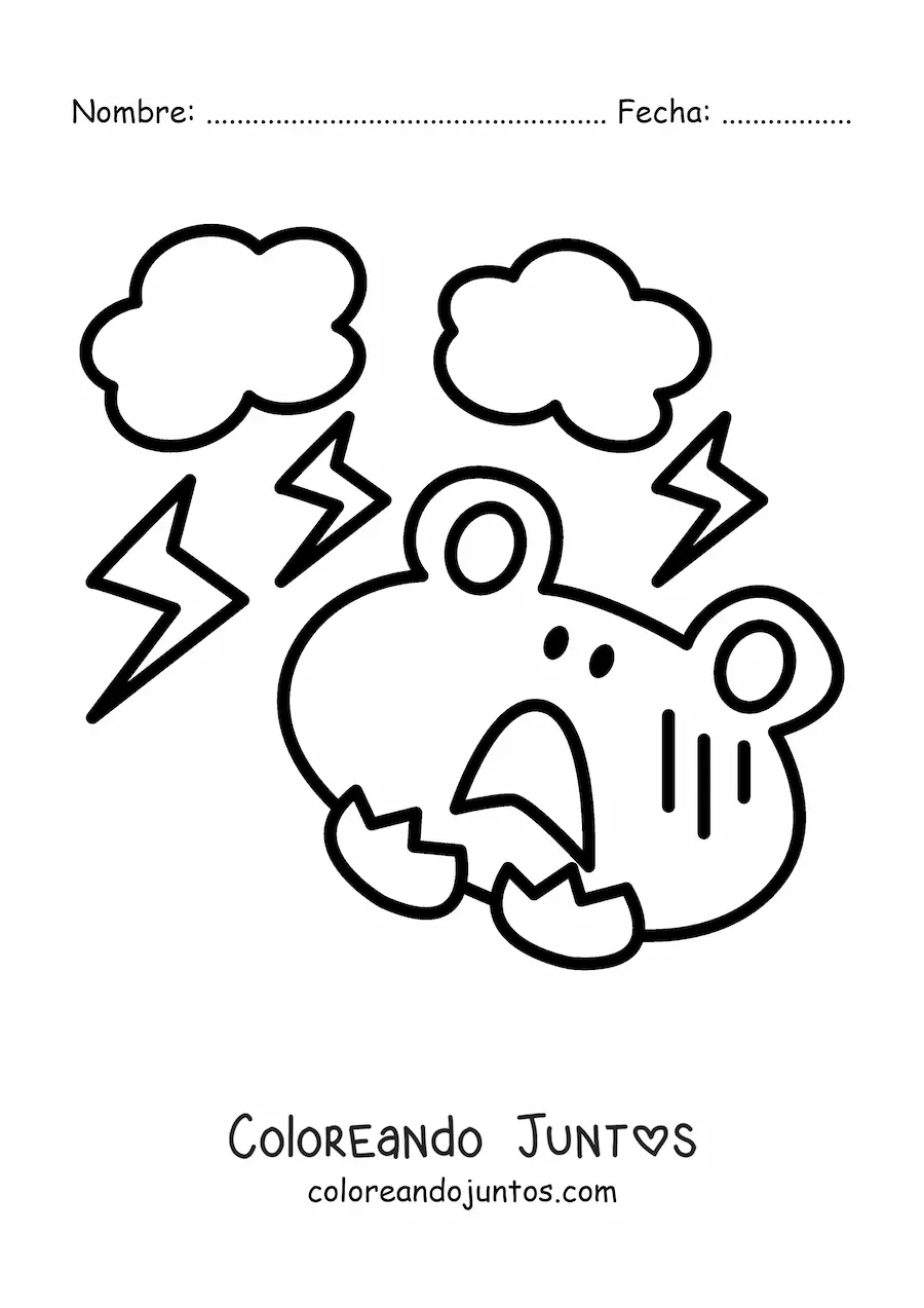 Imagen para colorear de rana animada asustada por una tormenta eléctrica