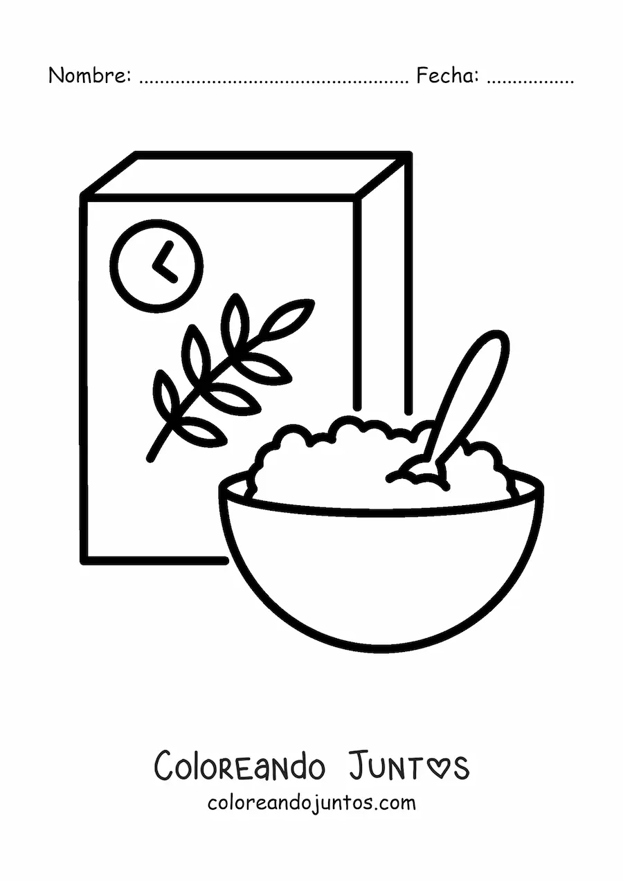 Imagen para colorear de una caja de cereal y un cereal en un plato con leche