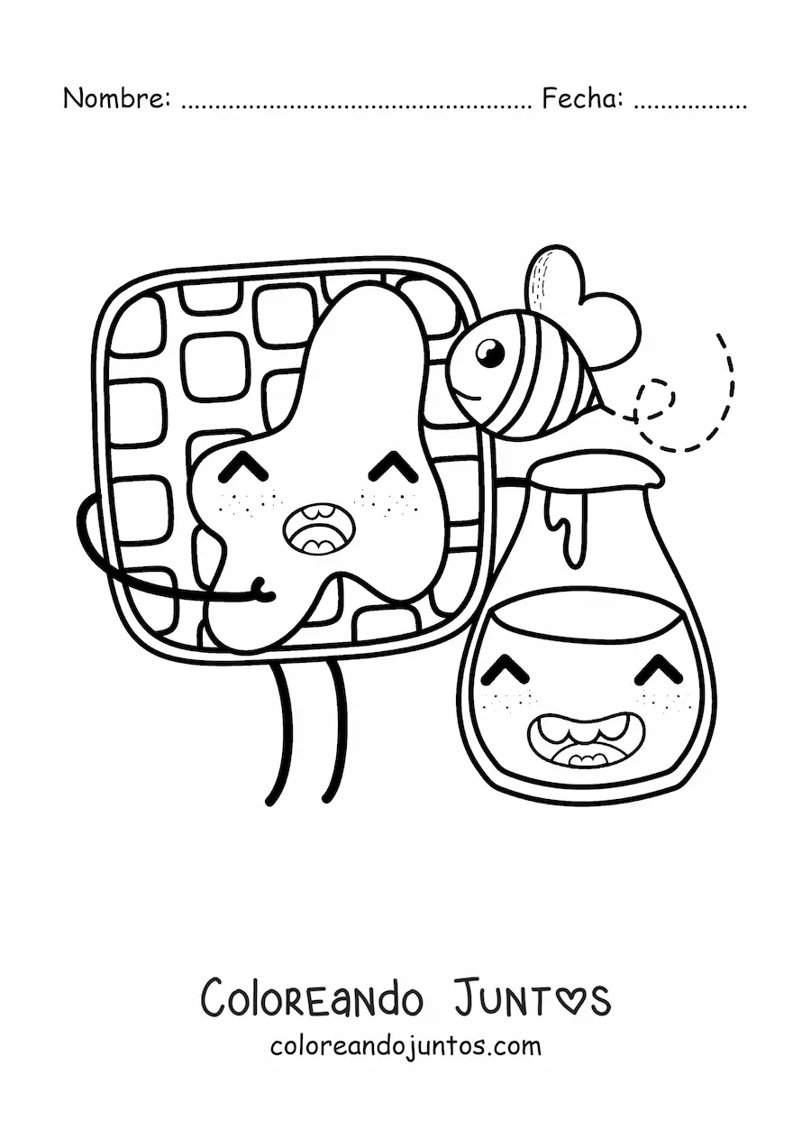 Imagen para colorear de un waffle animado kawaii con un frasco de miel y una abeja