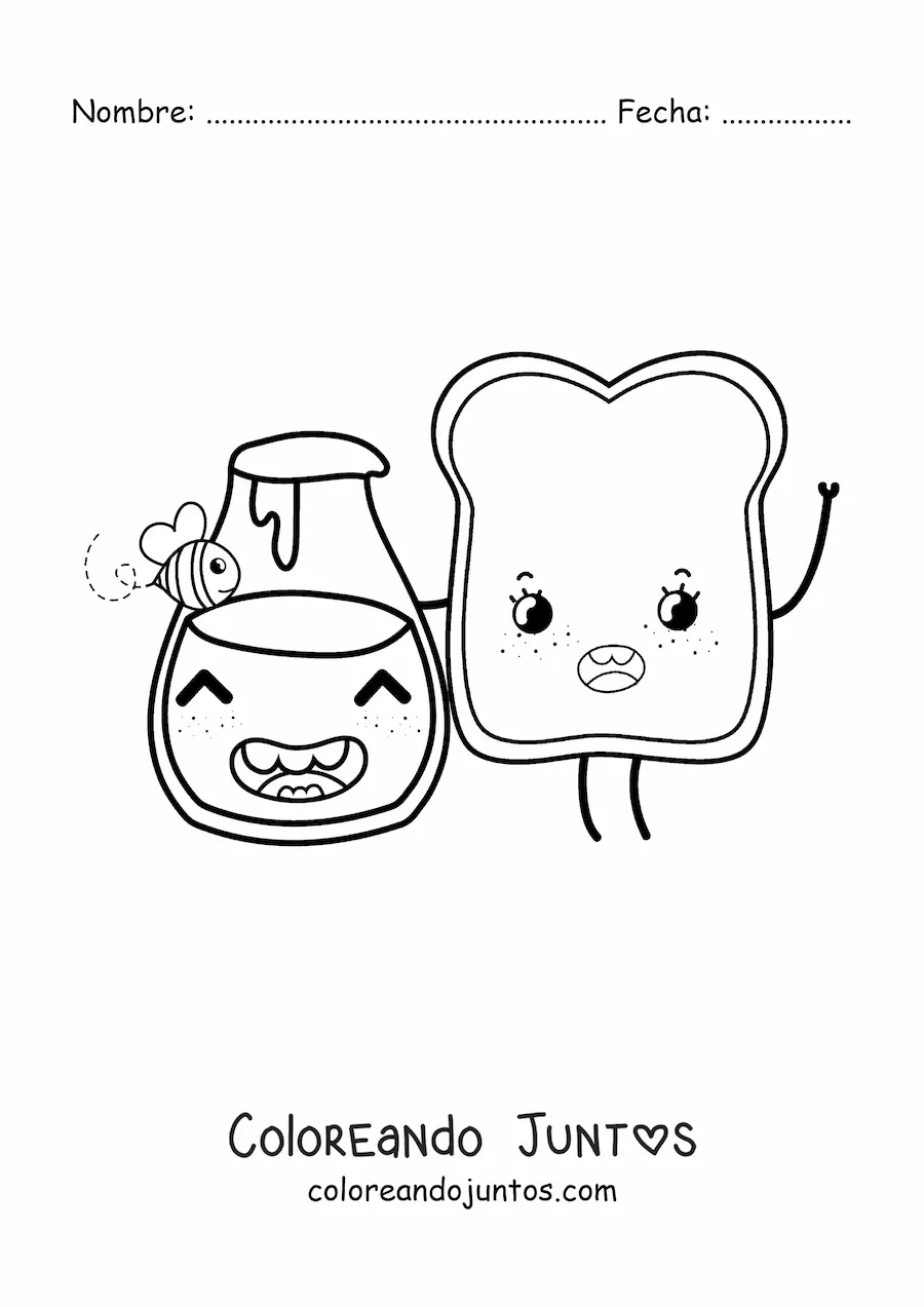 Imagen para colorear de una tostada animada kawaii con un frasco de miel y una abeja