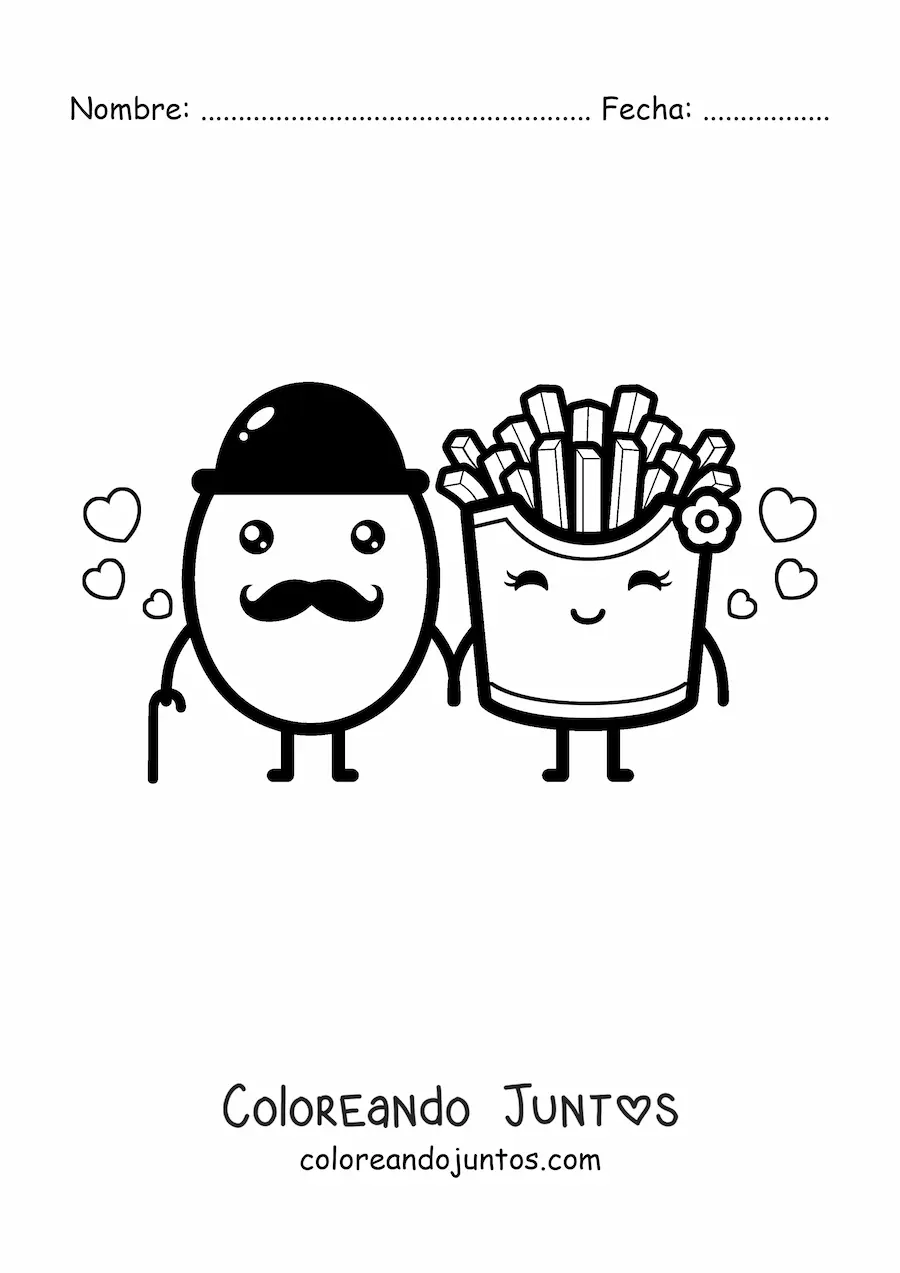 Imagen para colorear de una pareja de papa con bigote junto a unas papas fritas animadas