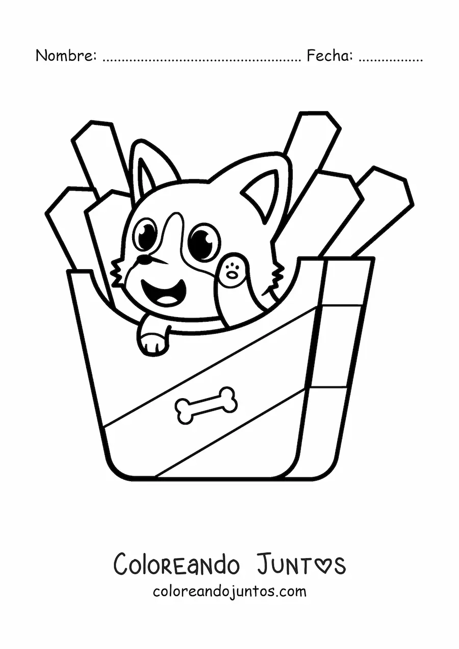 Imagen para colorear de un perro kawaii animado dentro de un paquete de papas fritas