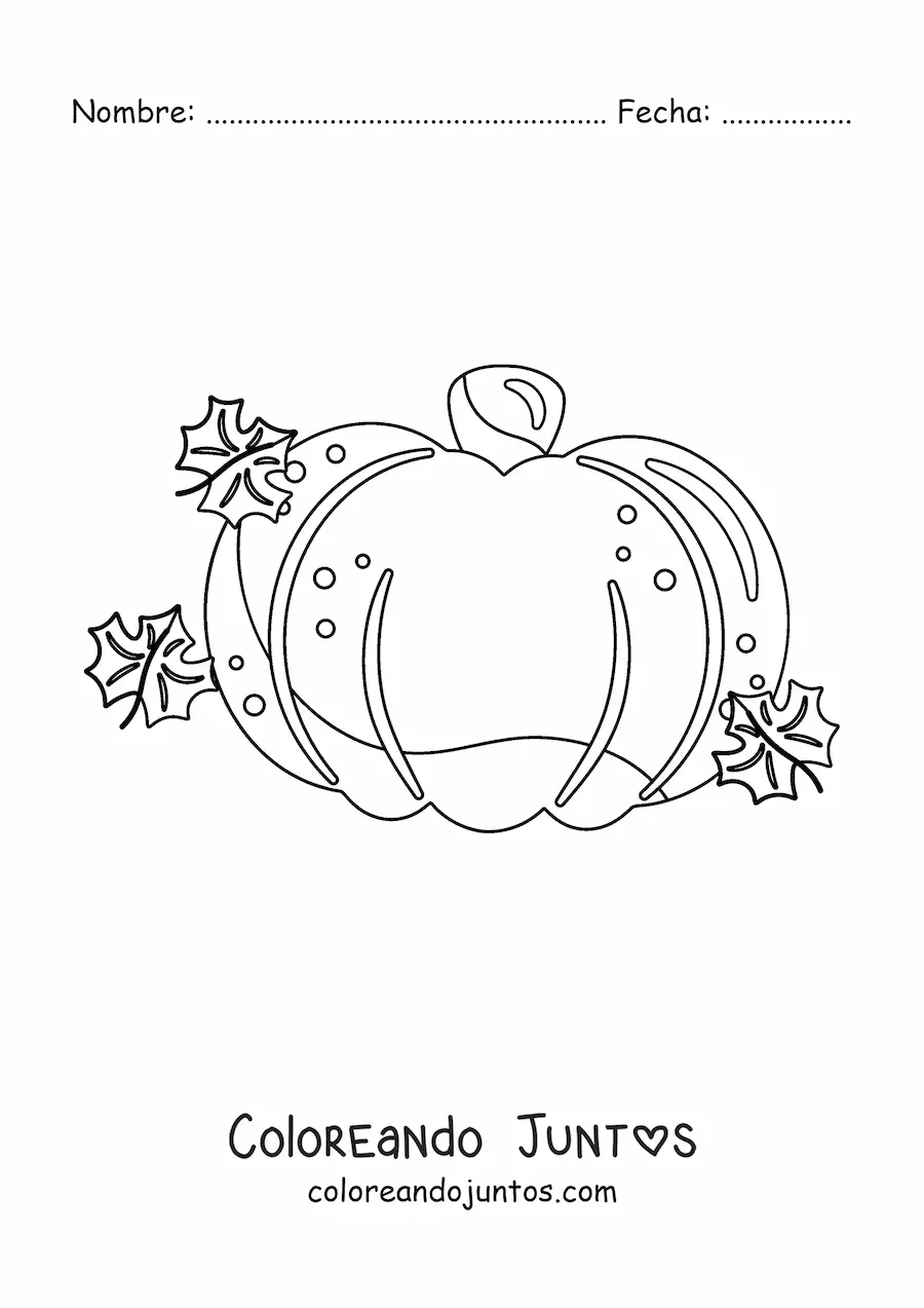 Imagen para colorear de una calabaza junto a hojas de otoño