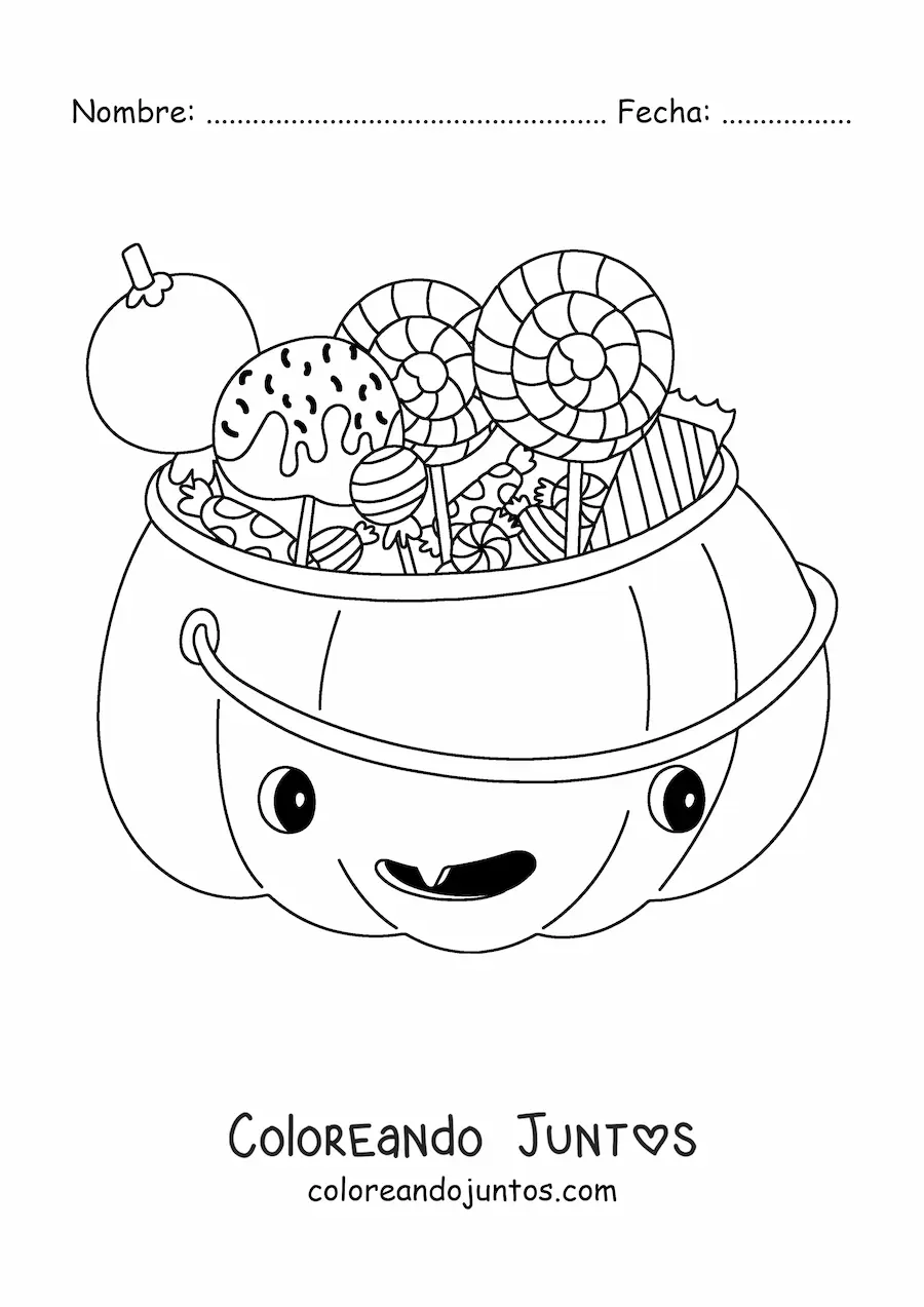 Imagen para colorear de una calabaza animada con dulces