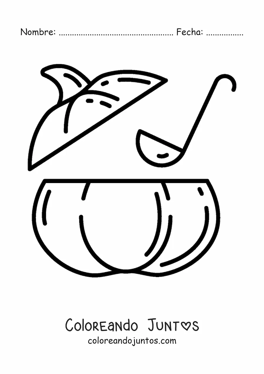 Imagen para colorear de un cucharón sirviendo sopa desde el interior de una calabaza