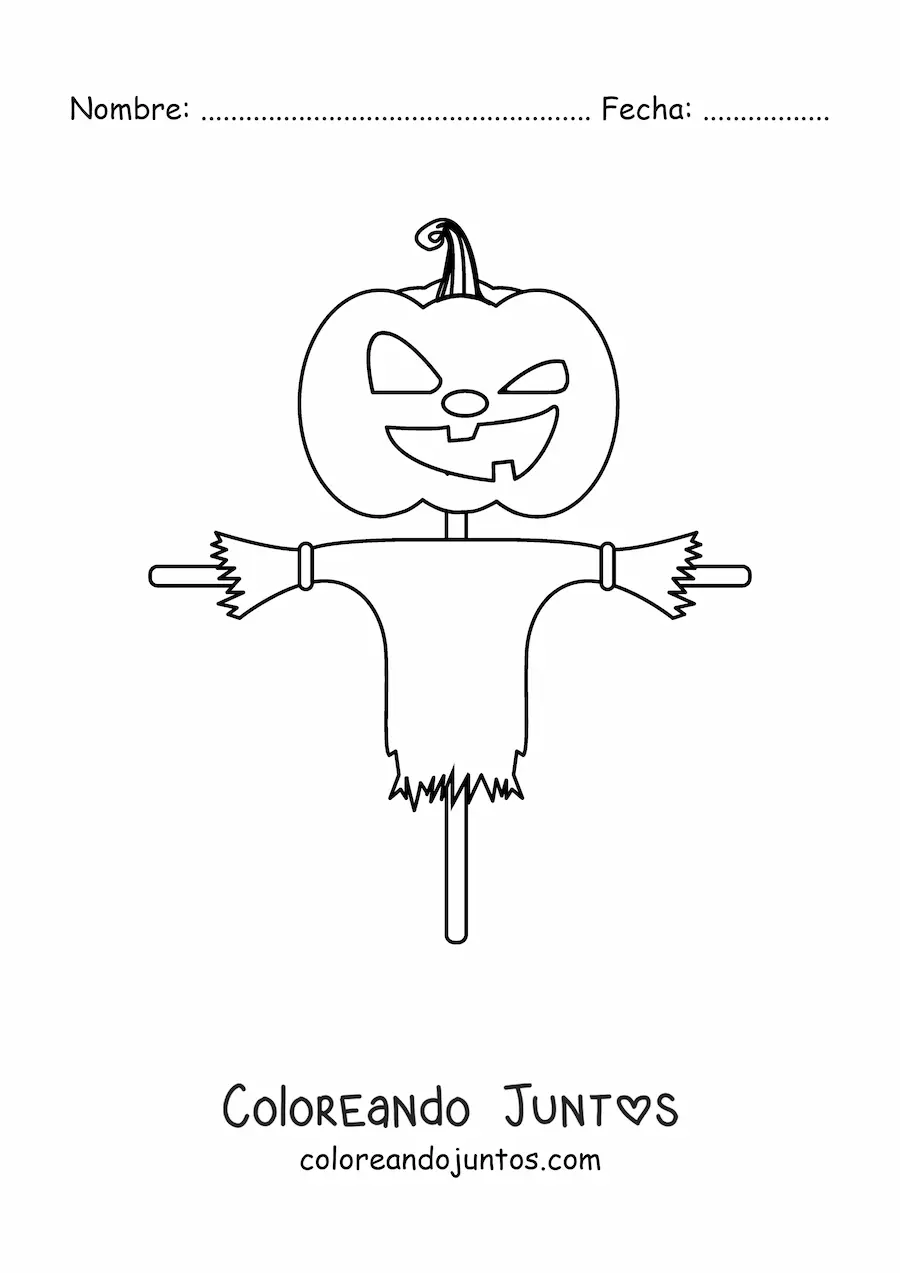Imagen para colorear de un espantapájaros con cabeza de calabaza terrorífica