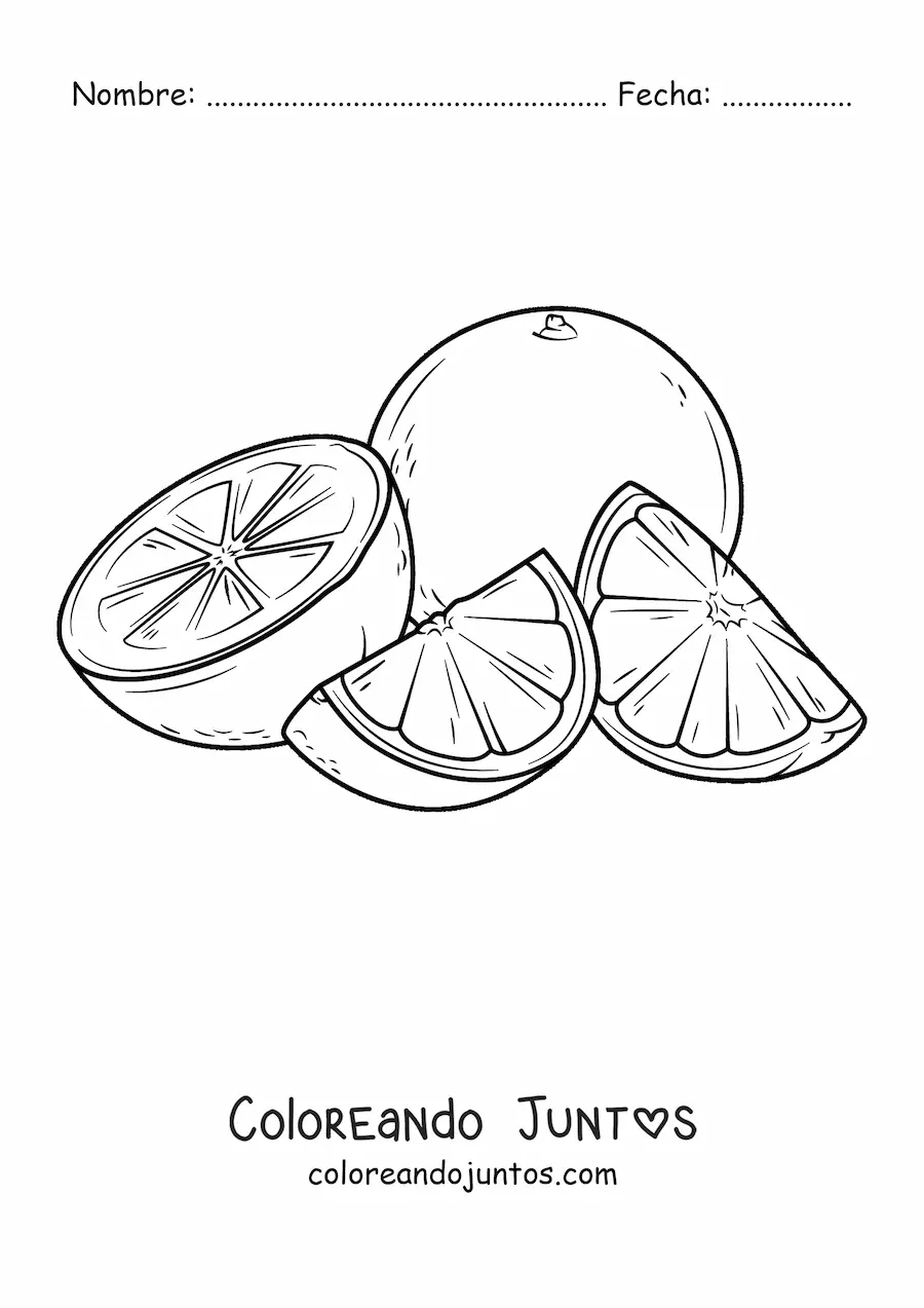 Imagen para colorear de una naranja entera junto a trozos de otra naranja