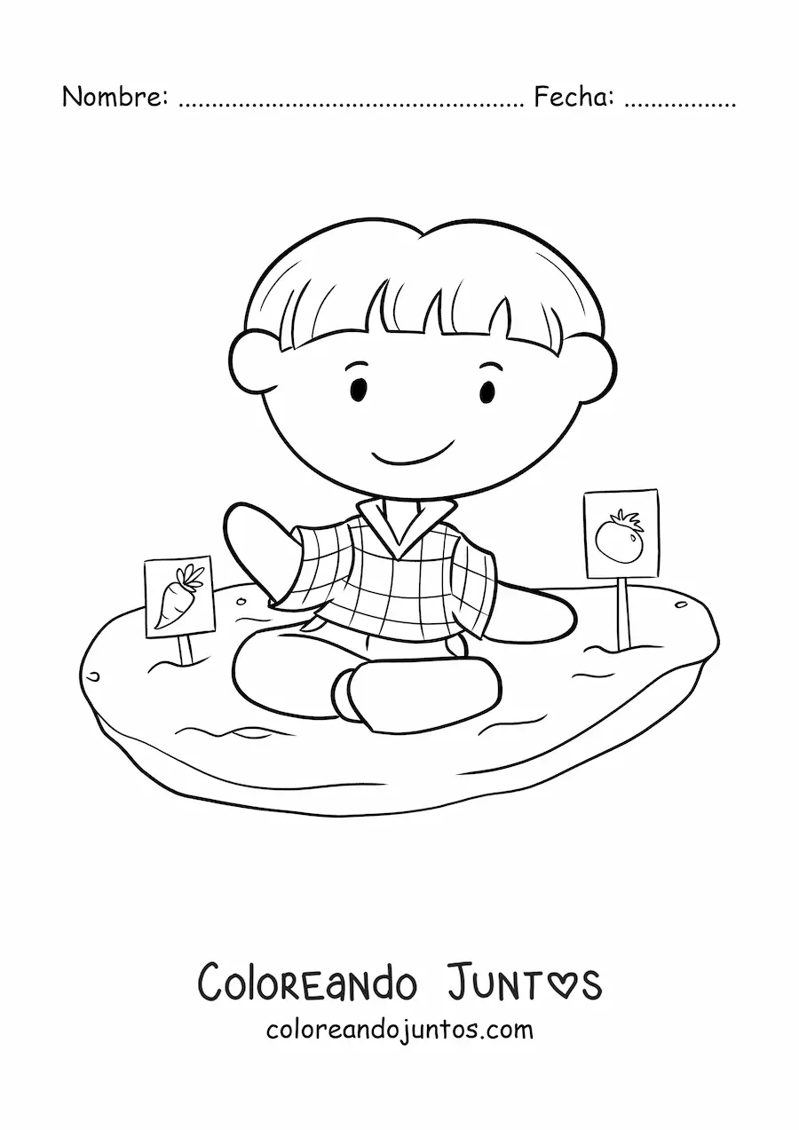 Imagen para colorear de un niño sembrando tomate y zanahoria